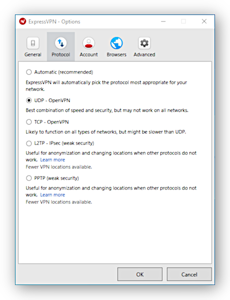 Az ExpressVPN protokoll beállításai menü képernyőképe