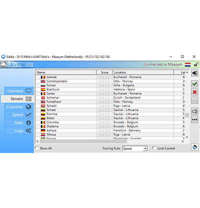 विंडोज ऐप में AirVPN की फुल सर्वर लिस्ट का स्क्रीनशॉट