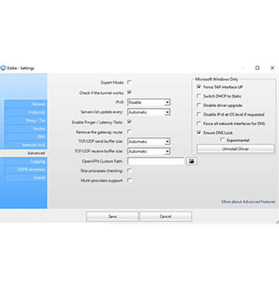 AirVPN के विंडोज ऐप पर सेटिंग्स स्क्रीन का स्क्रीनशॉट