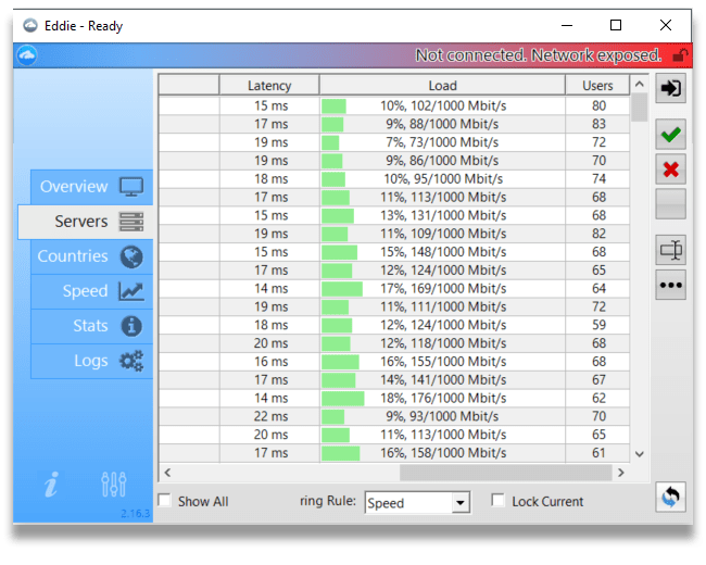 AirVPN桌面应用程序的屏幕快照，显示每个VPN服务器位置的负载百分比
