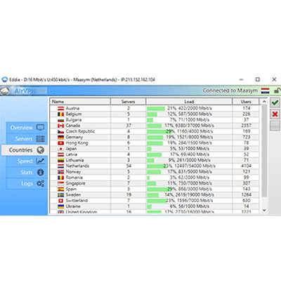 AirVPN Windows应用程序上可用国家列表的屏幕截图