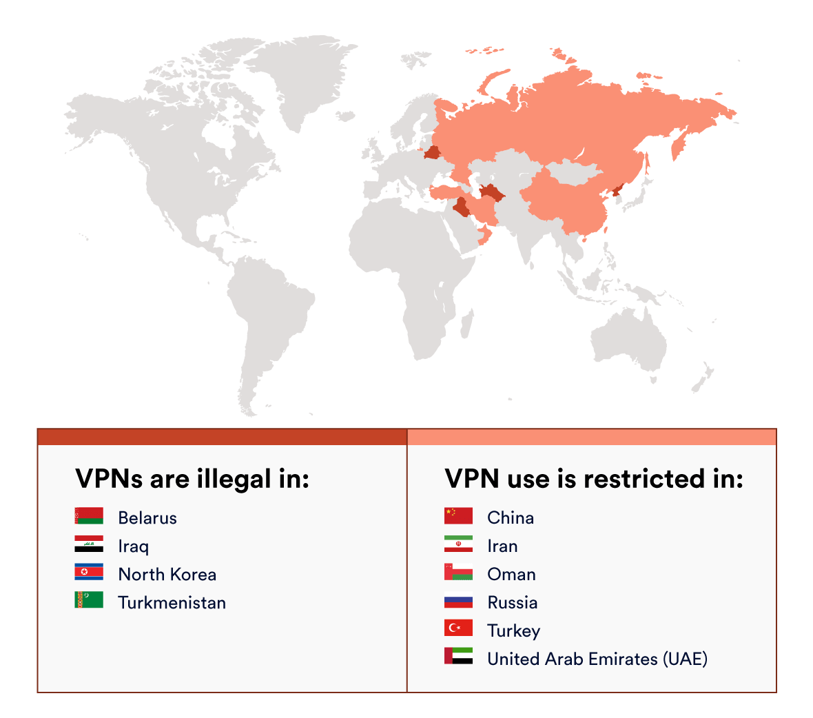 Mapa koja prikazuje mjesta na kojima su VPN nezakonite ili ograničene