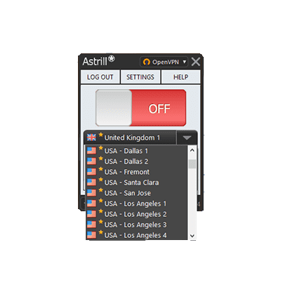 我们的Astrill VPN评论中的Astrill服务器选择屏幕截图