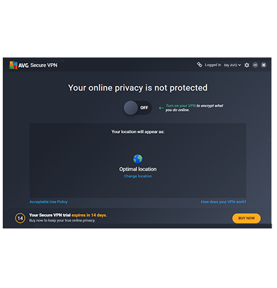 AVG Secure VPN Desktop App 메인 화면의 스크린 샷