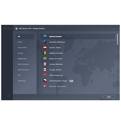 AVG Güvenli VPN Sunucu Listesi ekran görüntüsü