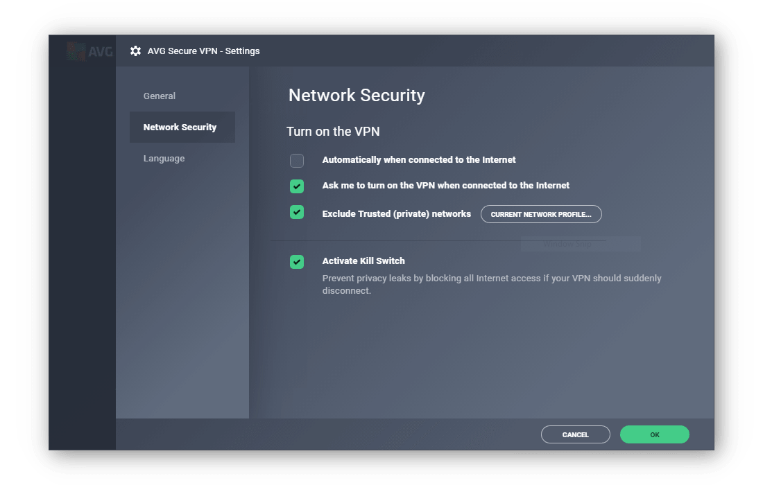 Cuplikan layar pengaturan aplikasi AVG Secure VPN