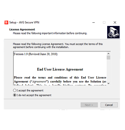 Cuplikan layar Perjanjian Lisensi VPN Aman AVG