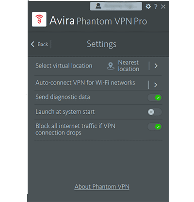 تصویر صفحه تنظیمات Avira Phantom در برنامه Windows خود