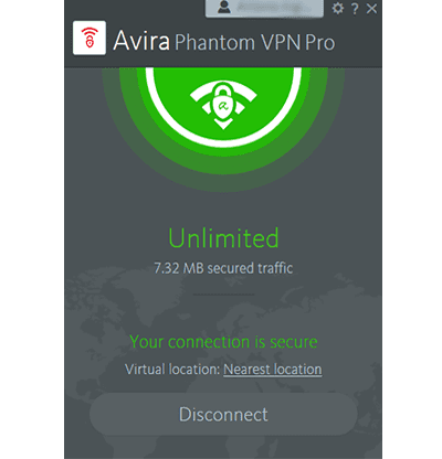 जब आप कनेक्ट होते हैं तो Avira Phantom विंडोज ऐप कैसा दिखता है, इसका स्क्रीनशॉट