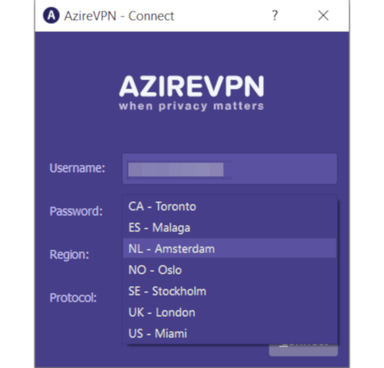 Снимок экрана со списком местоположений сервера AzireVPN