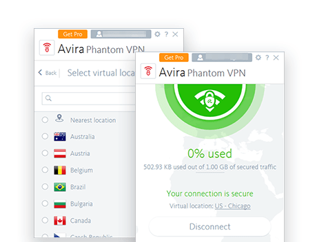 „Avira Phantom VPN Free“ darbalaukio ekrano nuotraukos