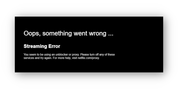 Snímka obrazovky chyby servera proxy Netflix
