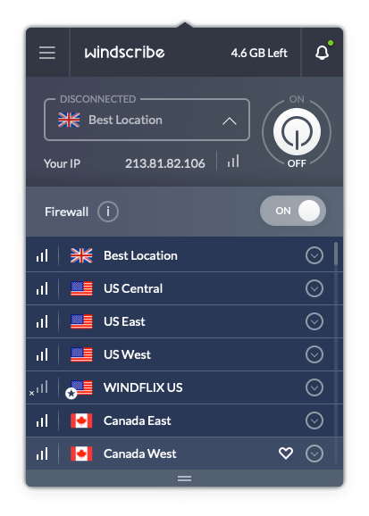 Capture d'écran de l'application Windscribe Free MacOS VPN