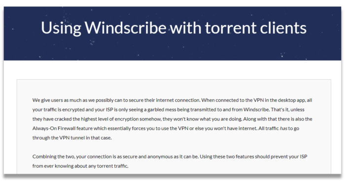 Windscribe web sitesinin destek bölümündeki torrent tavsiyelerinin ekran görüntüsü