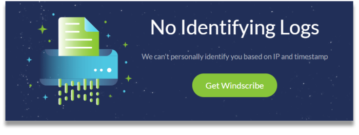 Zrzut ekranu ze strony Windscribe wyjaśniający jej minimalną politykę rejestrowania