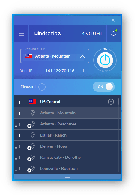 Captura de pantalla de la aplicación Windscribe Free VPN que muestra la lista de ubicaciones del servidor