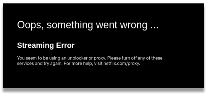 A Netflix streaming hiba képernyőjének képernyőképe