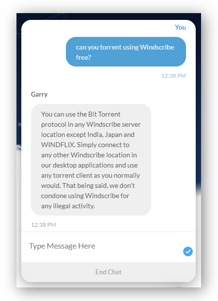 Screenshot živé konverzace na webu Windscribe