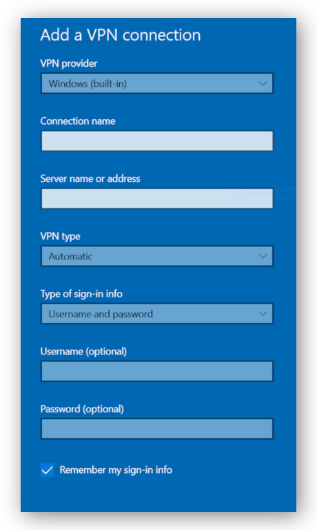 Zrzut ekranu wbudowanej aplikacji Windows VPN