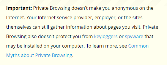 Captura de pantalla de la advertencia de navegación privada de Firefox