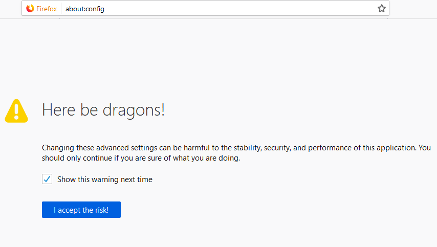 Firefox配置警告的屏幕截图