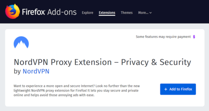 नॉर्डवीपीएन के लिए फ़ायरफ़ॉक्स ब्राउज़र ऐड-ऑन पेज का स्क्रीनशॉट