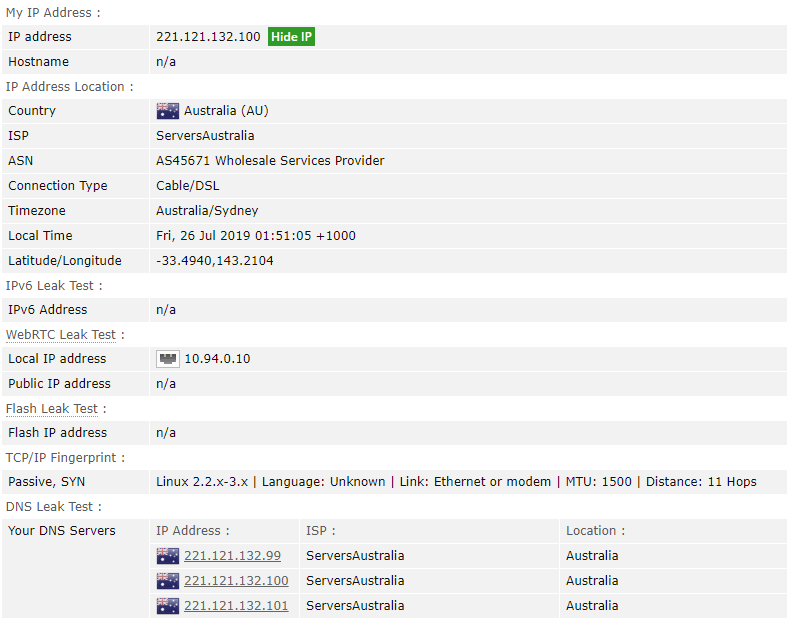 Screenshot der Ergebnisse der ExpressVPN-Dichtheitsprüfung auf browserleaks.com, während eine Verbindung zu einem Sydney-VPN-Server besteht