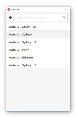 Снимак екрана ЕкпрессВПН апликације која приказује ВПН сервере доступне у Аустралији