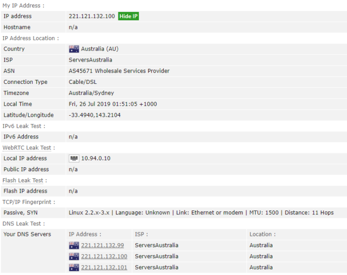 Снимка екрана резултата тестова пропуштања ЕкпрессВПН на бровсерлеакс.цом док је повезан са Сиднеи ВПН сервером
