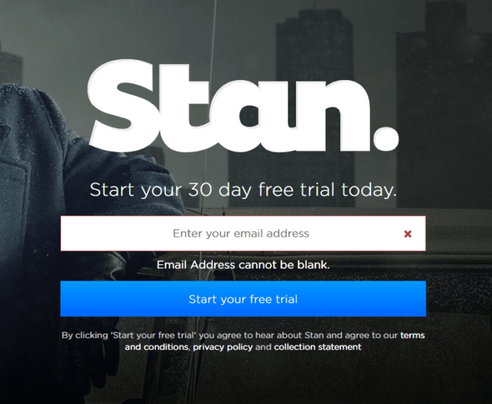 Captura de ecran a australianului Stan. logo-ul serviciului de streaming și pagina de înscriere