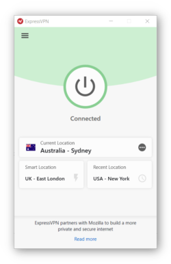 Снимак екрана апликације ЕкпрессВПН повезан са аустралијским ВПН сервером