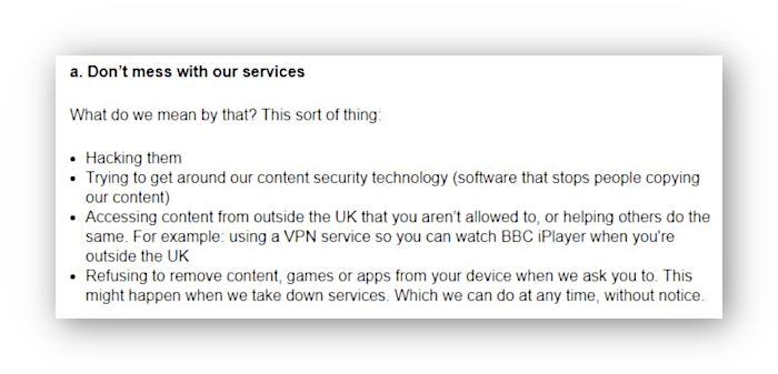 צילום מסך של תנאי השימוש ב- BBC iPlayer