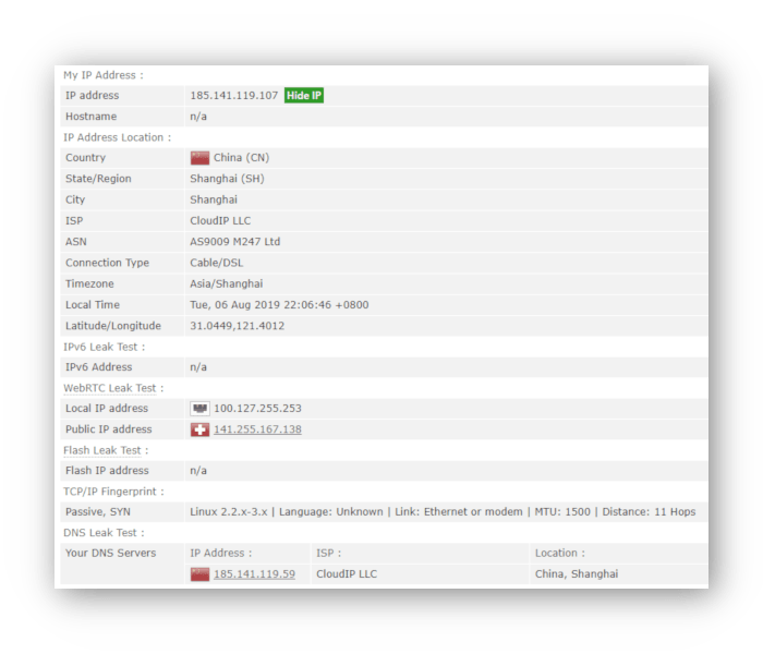 Cuplikan layar uji kebocoran Hotspot Shield di browserleaks.com terhubung ke server VPN Cina