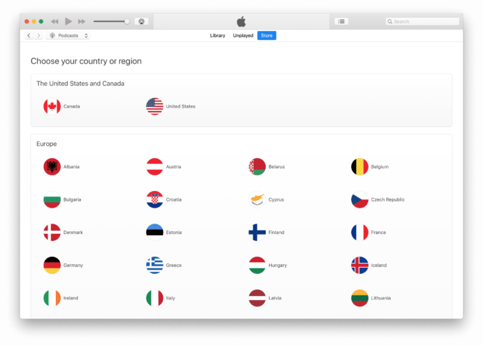 iTunes 국가 및 지역 옵션의 스크린 샷