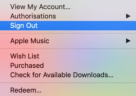 Screenshot de opțiune Deconectare iTunes
