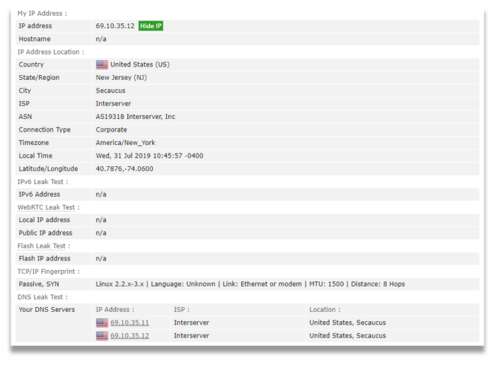 צילום מסך של תוצאות בדיקת הדליפות ה- DNS של ExpressVPN באתר browserleaks.com