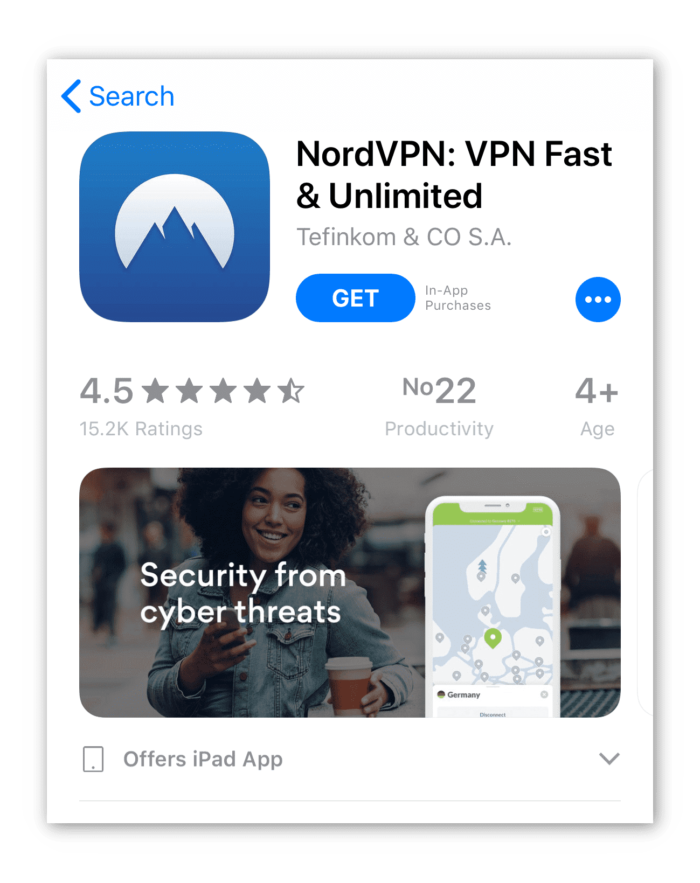 Una captura de pantalla de NordVPN en la App Store de iOS