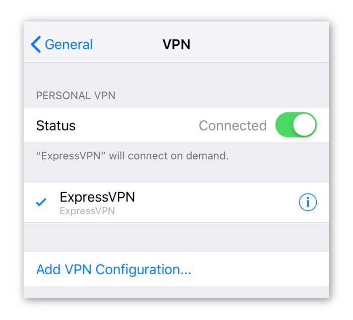 İOS 12'deki VPN ayarları menüsünün ekran görüntüsü