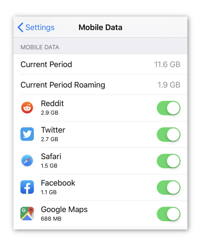 Snímek obrazovky využití dat aplikace v systému iOS 12