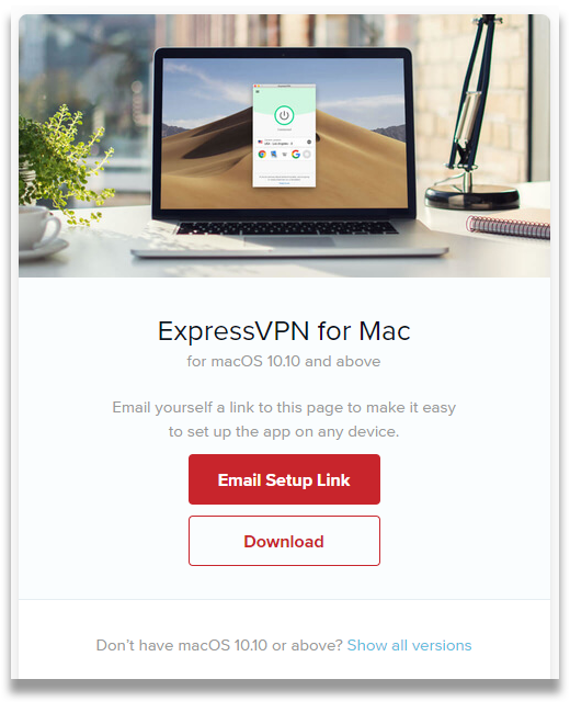 Ekrānuzņēmums ar Mac lietotnes lejupielādes pogu ExpressVPN vietnē