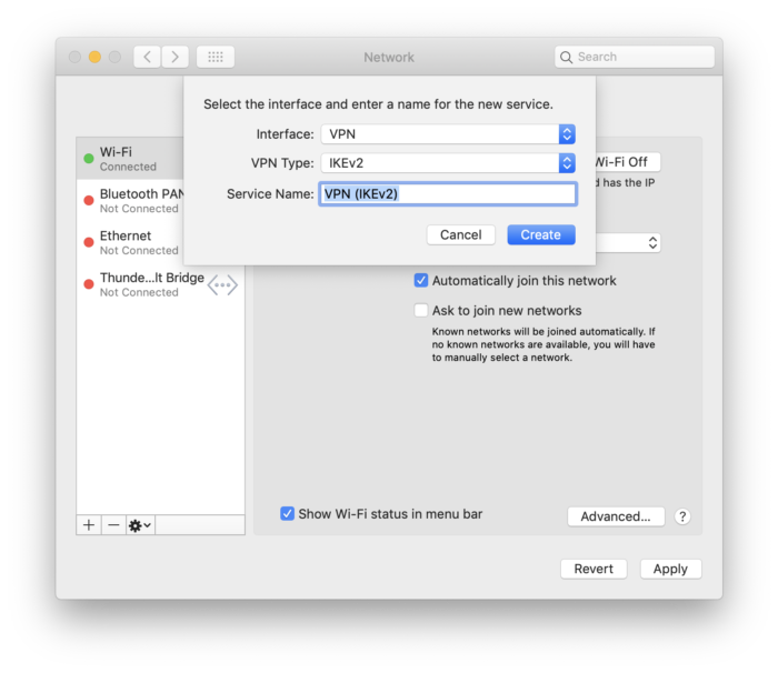 Posnetek zaslona omrežnih nastavitev na Macu
