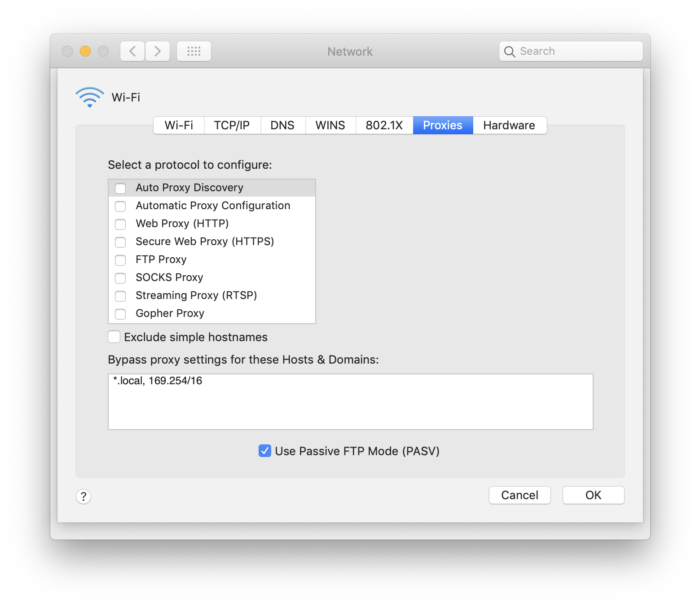 Posnetek zaslona menija nastavitev proxyja na Macu