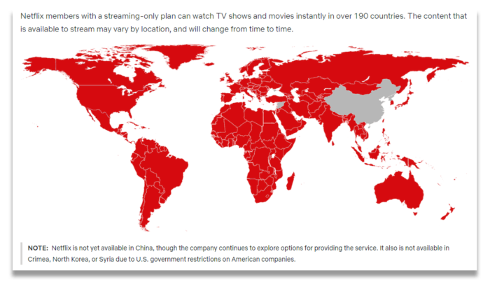 Obrázek mapy ukazující země, ve kterých je Netflix k dispozici