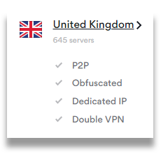NordVPN web sitesinde İngiltere sunucu bilgilerinin ekran görüntüsü