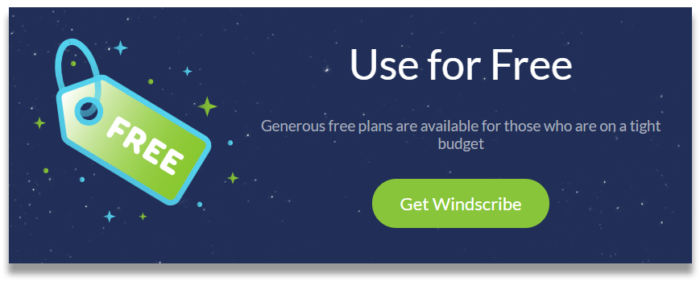 WindscribeのWebサイトの無料VPN広告のスクリーンショット