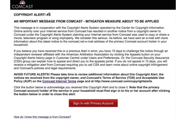 Skärmdump av ett Comcast-varningsmeddelande om kopierat eller delat upphovsrättsskyddat innehåll