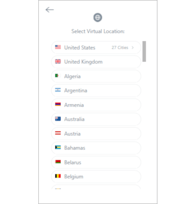 Captura de pantalla de la lista de ubicaciones virtuales de Betternet en la aplicación