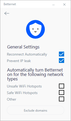 Capture d'écran du menu des paramètres de Betternet