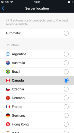 Snímek obrazovky s výběrem země aplikace Bitdefender Mobile