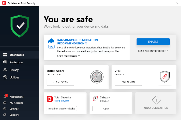 Bitdefender Total Security'nin ekran görüntüsü